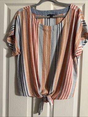 Tribal Striped Tie-Front Crop Top in Blue, Peach & Red